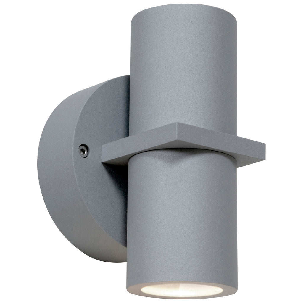 KO Dual Bi-Directional Outdoor LED Wall Mount by Access Lighting features a modern gray cylindrical design with a circular base and flat horizontal accent, ideal for both indoor and outdoor lighting. This fixture offers satin finish and 11W LED illumination.