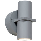KO Dual Bi-Directional Outdoor LED Wall Mount by Access Lighting features a modern gray cylindrical design with a circular base and flat horizontal accent, ideal for both indoor and outdoor lighting. This fixture offers satin finish and 11W LED illumination.