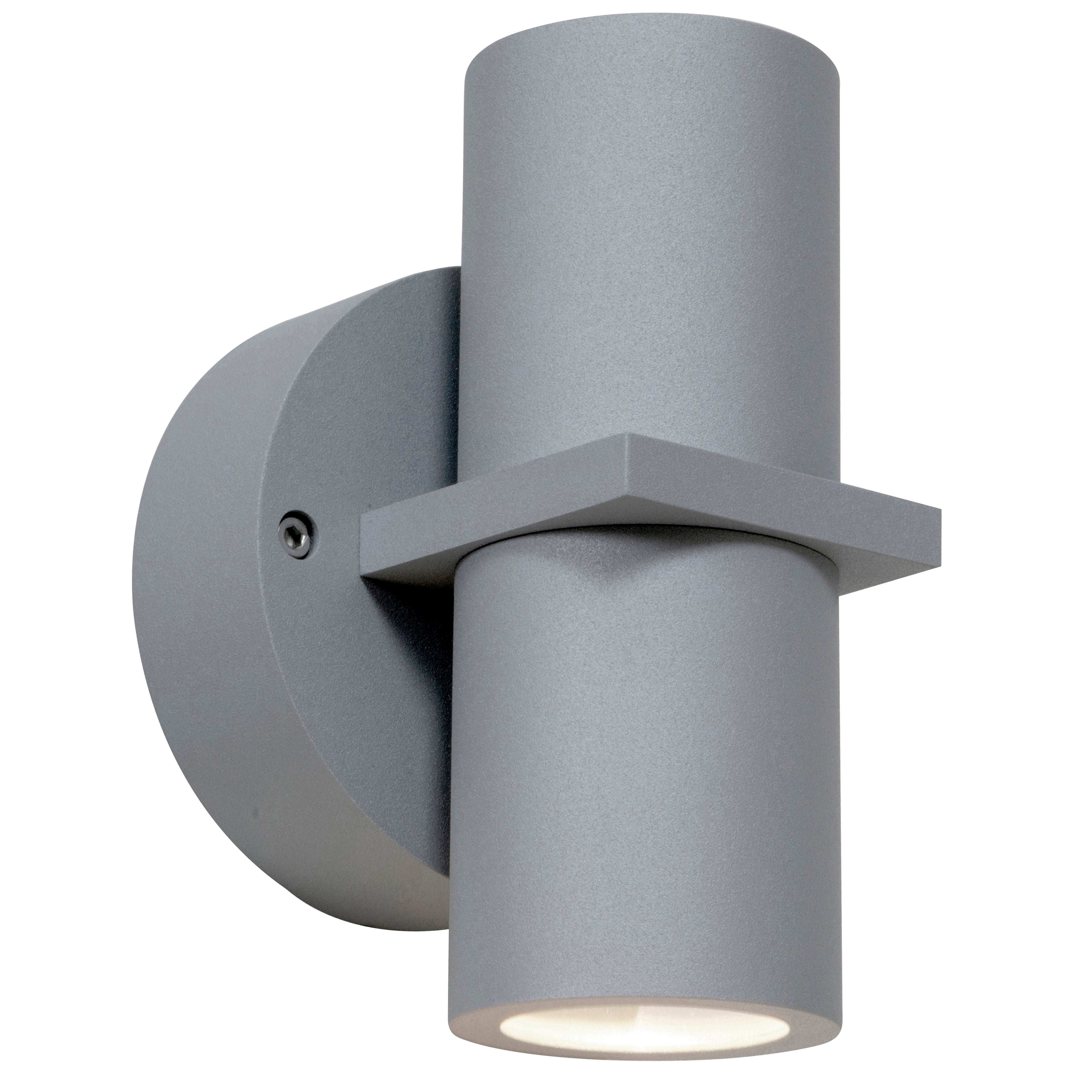 KO Dual Bi-Directional Outdoor LED Wall Mount by Access Lighting features a modern gray cylindrical design with a circular base and flat horizontal accent, ideal for both indoor and outdoor lighting. This fixture offers satin finish and 11W LED illumination.