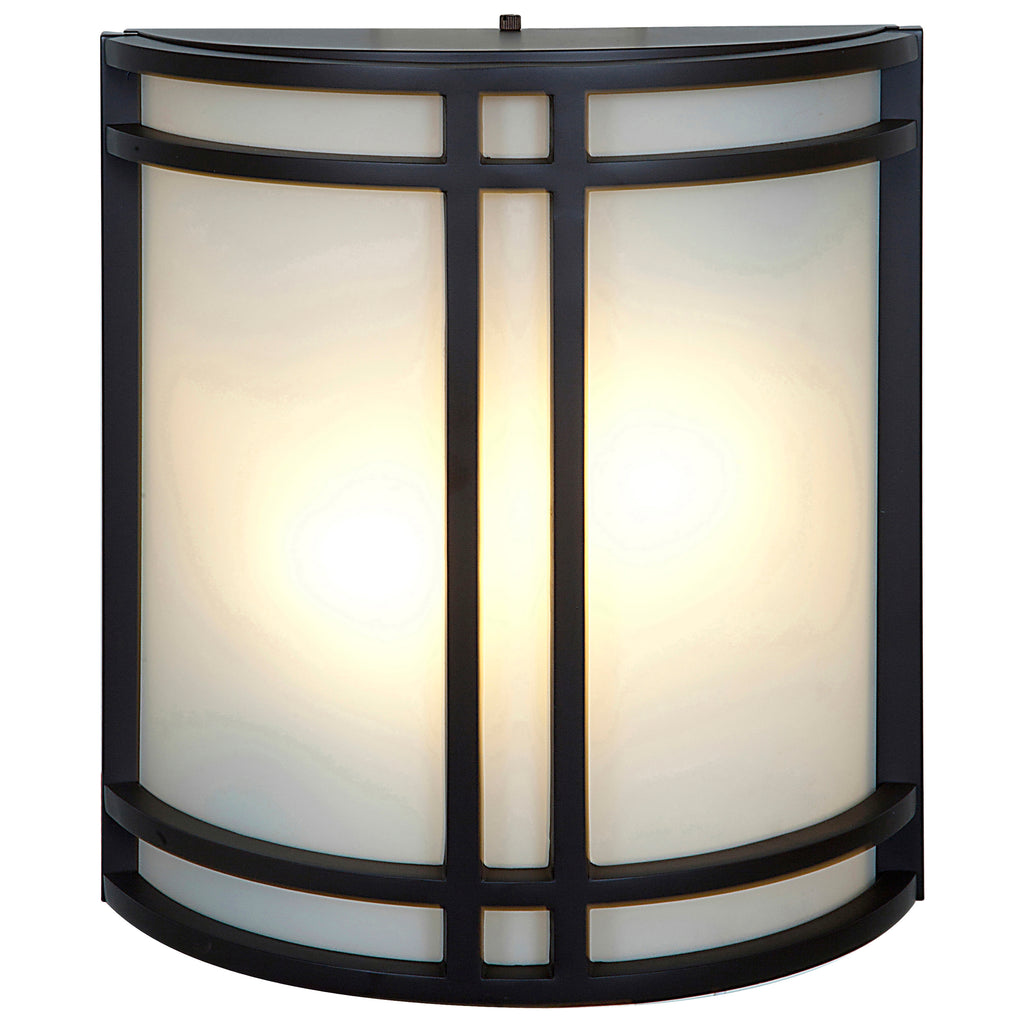 Here is a revised sentence using your product data: The Access Lighting Artemis 2 Light Outdoor LED Wall Mount features a bronze metal frame and a frosted glass shade, beautifully illuminated from within.