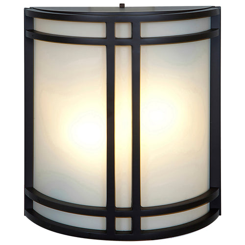 Here is a revised sentence using your product data: The Access Lighting Artemis 2 Light Outdoor LED Wall Mount features a bronze metal frame and a frosted glass shade, beautifully illuminated from within.