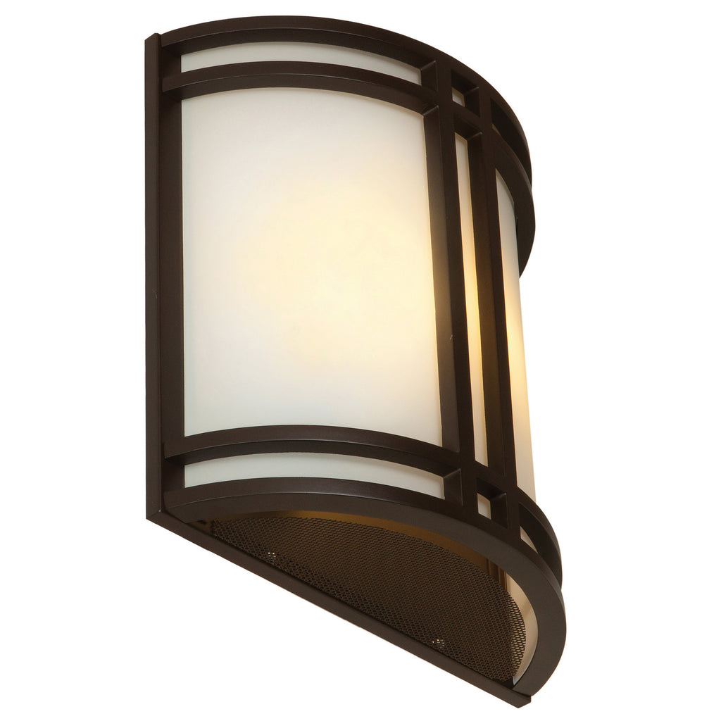 The Artemis 2 Light Outdoor LED Wall Mount by Access Lighting is a wall-mounted fixture with frosted glass and a bronze metal frame, featuring geometric lines and a curved shape.