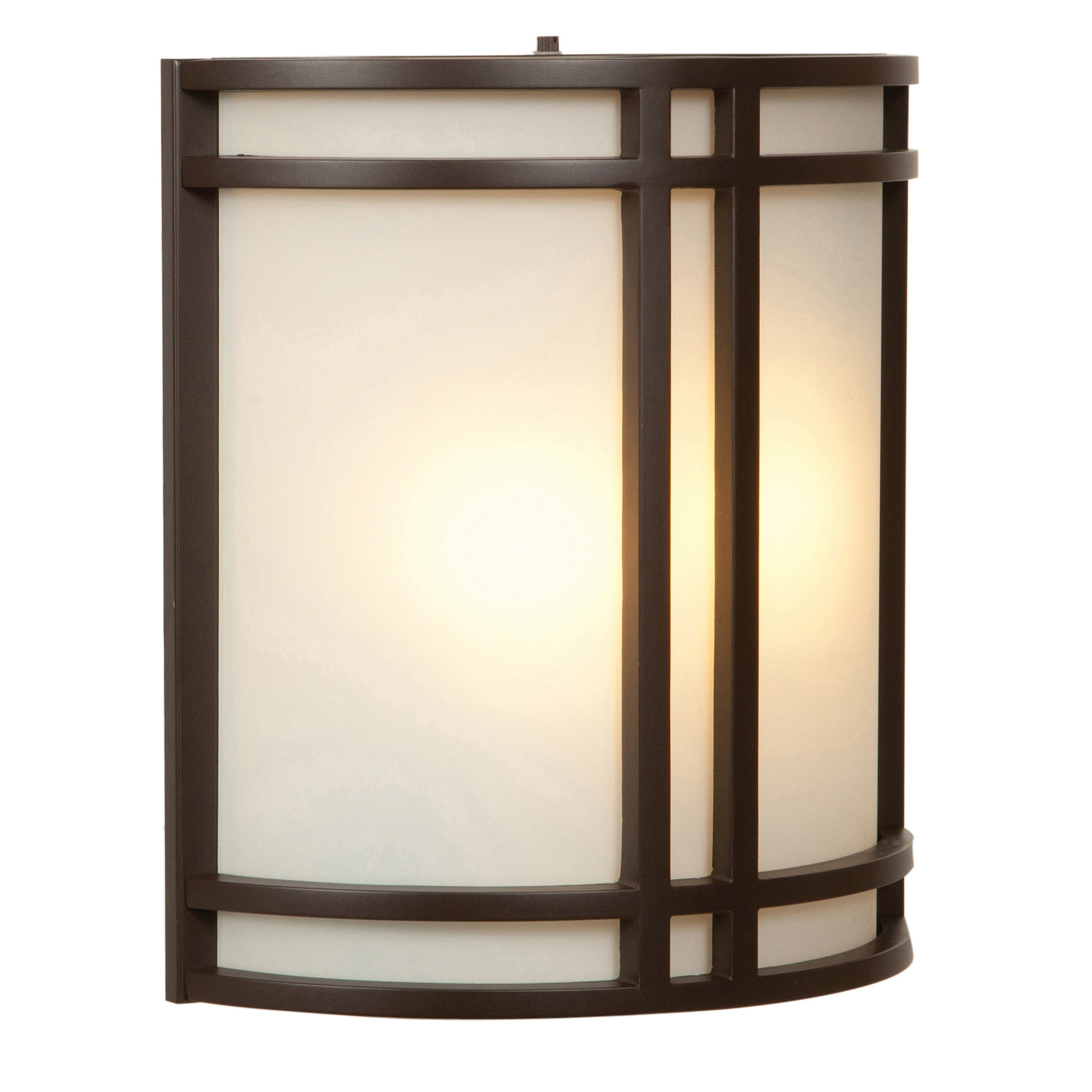 The Artemis 2 Light Outdoor LED Wall Mount by Access Lighting features a frosted glass shade encased in a dark bronze geometric frame, beautifully illuminated from within.