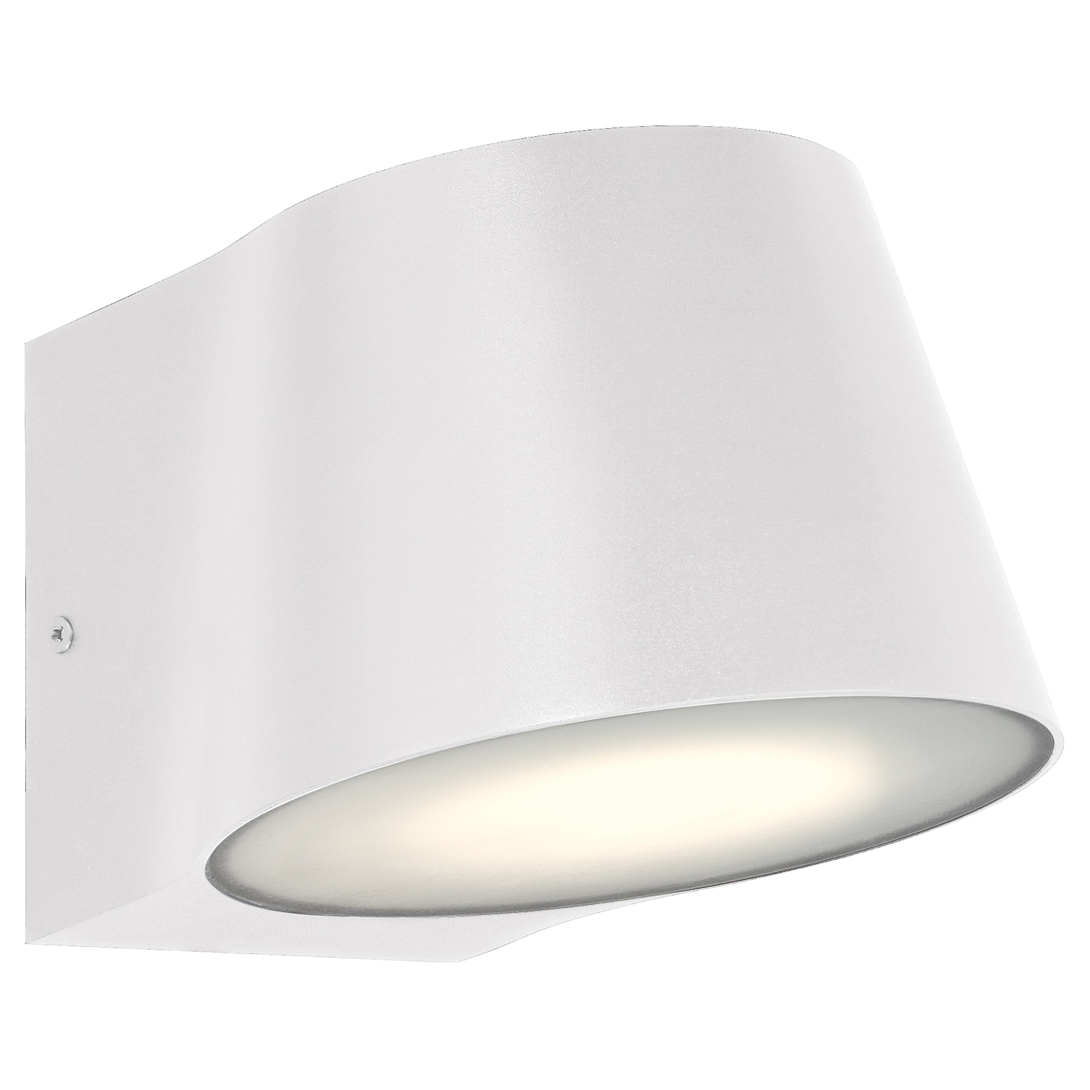 The Access Lighting Ry Bi-Directional Outdoor LED Wall Mount in white features a modern, curved design with bi-directional illumination for stylish wall-mounted lighting.