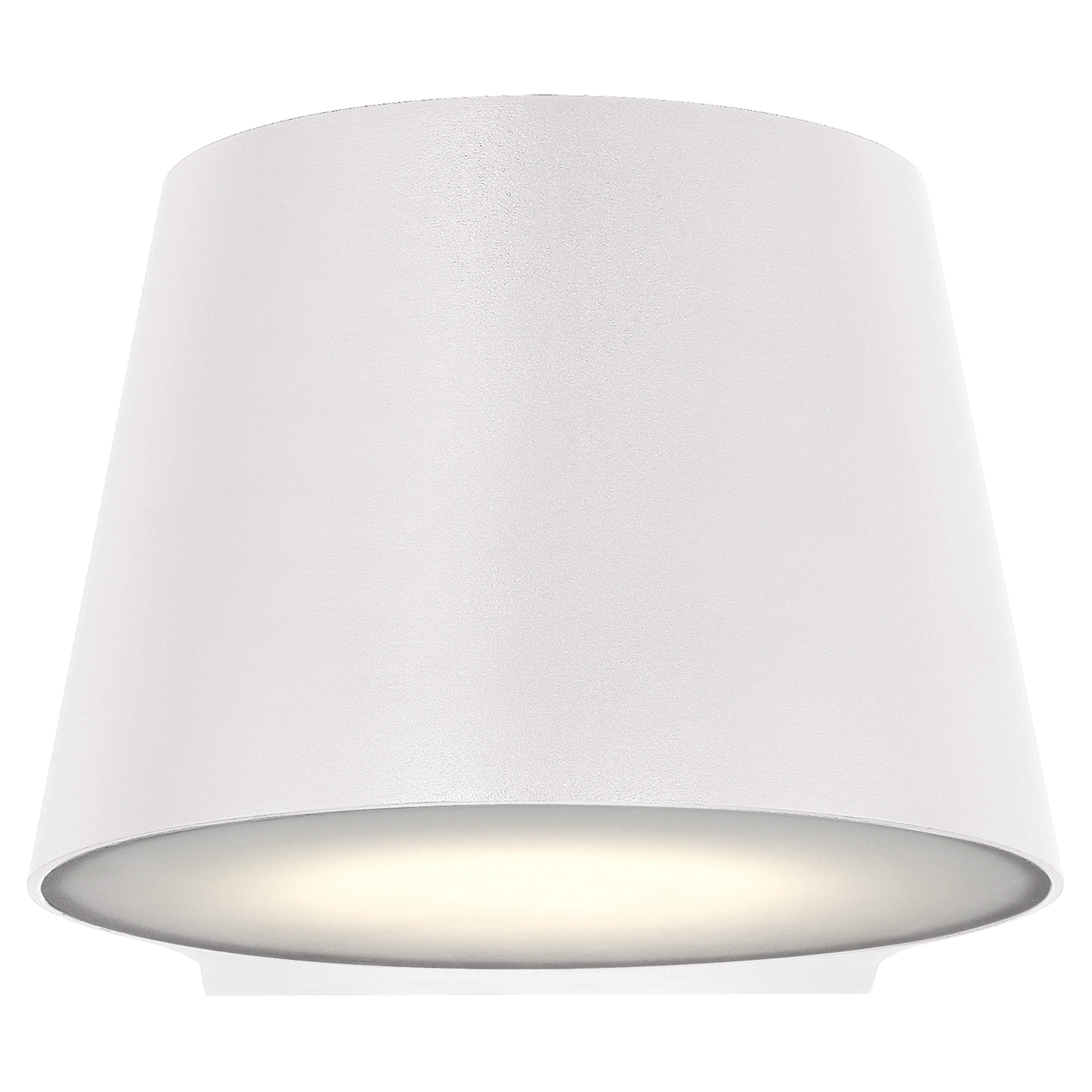 The Ry Bi-Directional Outdoor LED Wall Mount by Access Lighting features a white, cone-shaped design with a smooth finish and emits a soft glow from its downward-facing opening.