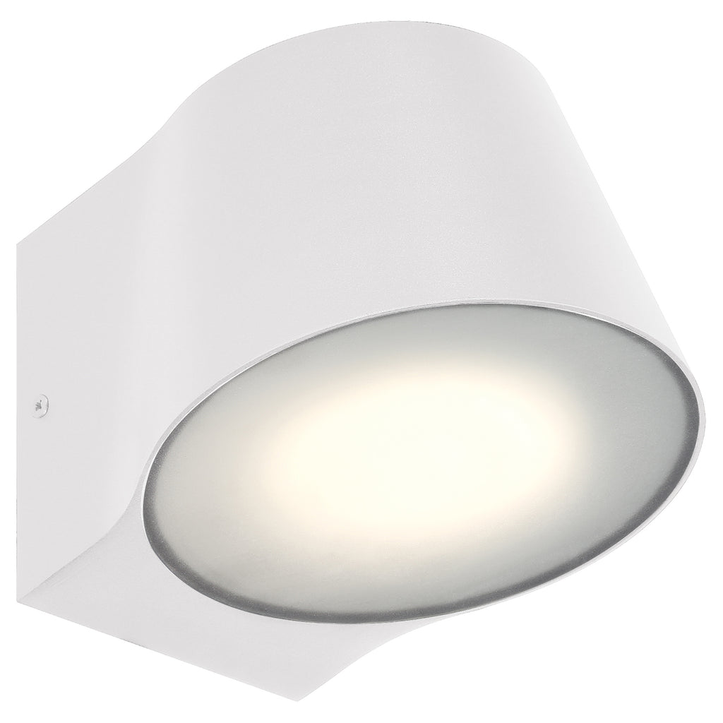 The Access Lighting Ry Bi-Directional Outdoor LED Wall Mount in white features a modern wall-mounted design with a rounded front and frosted cover, emitting a soft, diffuse glow.