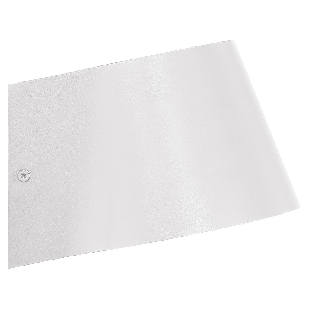 A single Ry Bi-Directional Outdoor LED Wall Mount in white by Access Lighting, featuring a small round metal detail on the left side, is displayed against a white background.