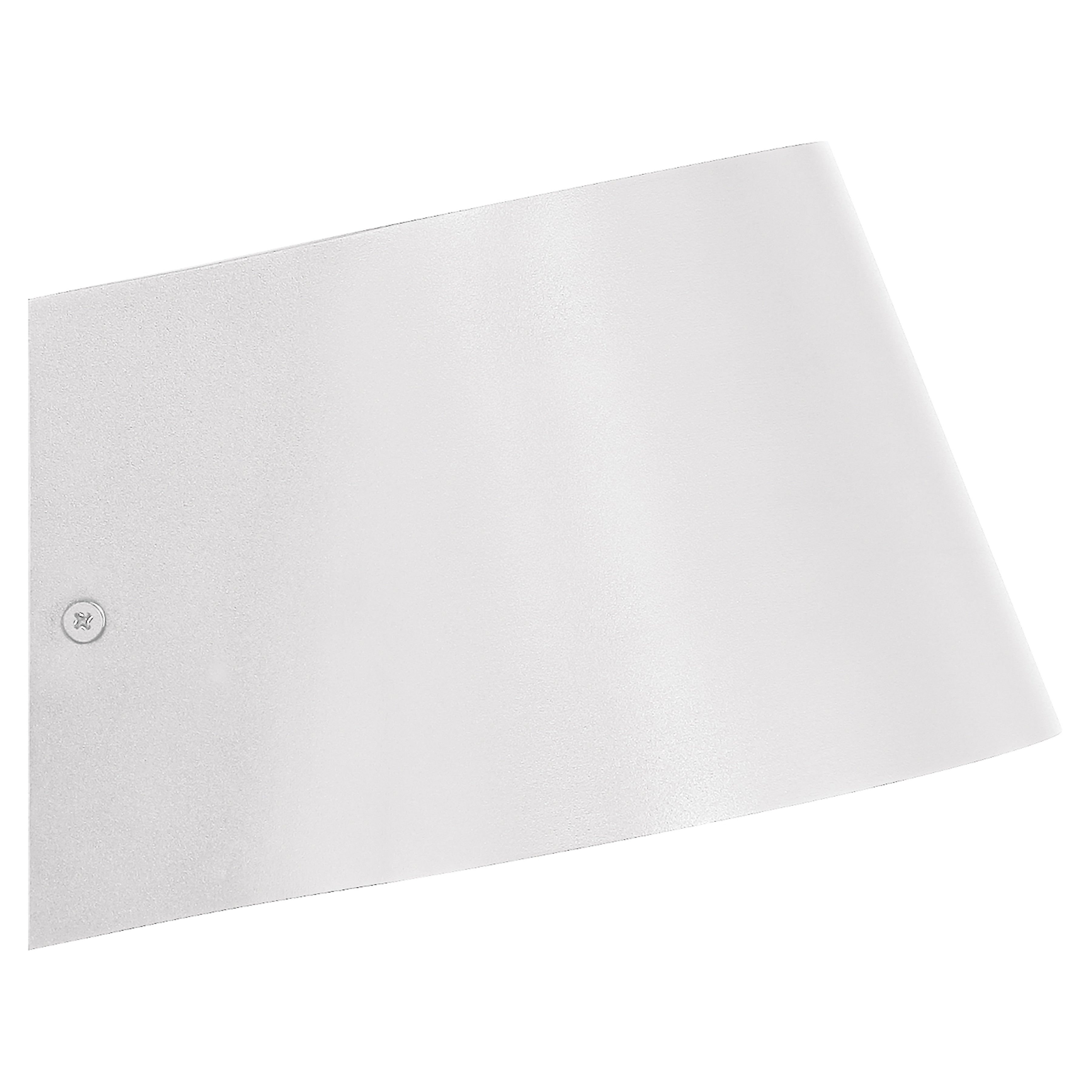 A single Ry Bi-Directional Outdoor LED Wall Mount in white by Access Lighting, featuring a small round metal detail on the left side, is displayed against a white background.