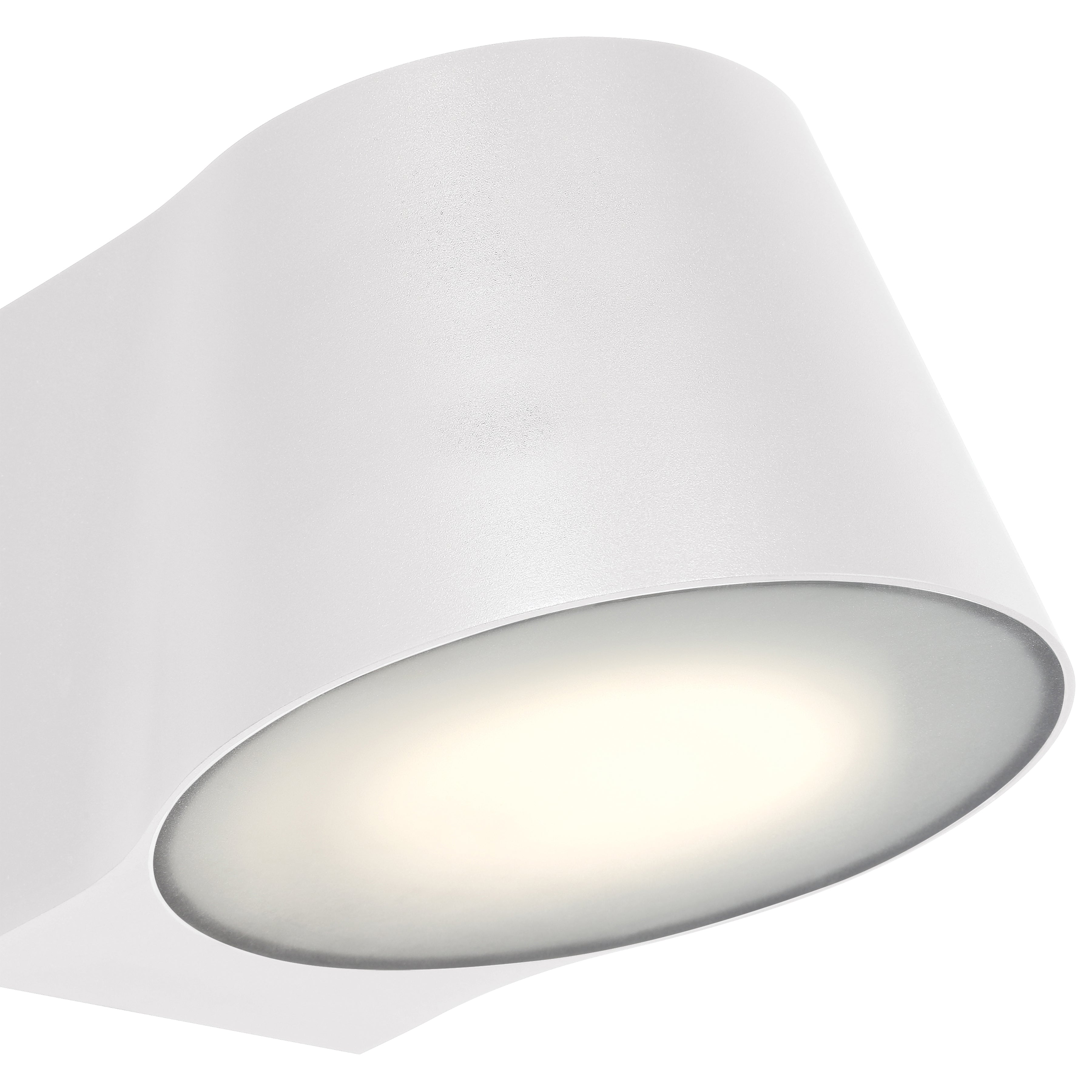 Close-up view of the Access Lighting Ry Bi-Directional Outdoor LED Wall Mount in white, featuring a modern design with rounded edges and emitting a soft, diffused light from both its upper and lower sides.