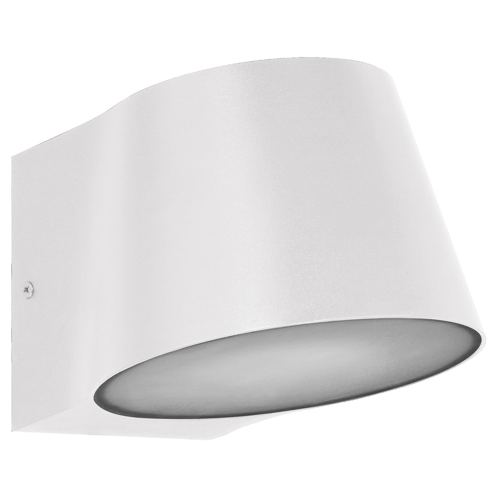 The Ry Bi-Directional Outdoor LED Wall Mount by Access Lighting is a white, modern fixture featuring a curved, cylindrical design, shown from a slightly low angle against a plain background.