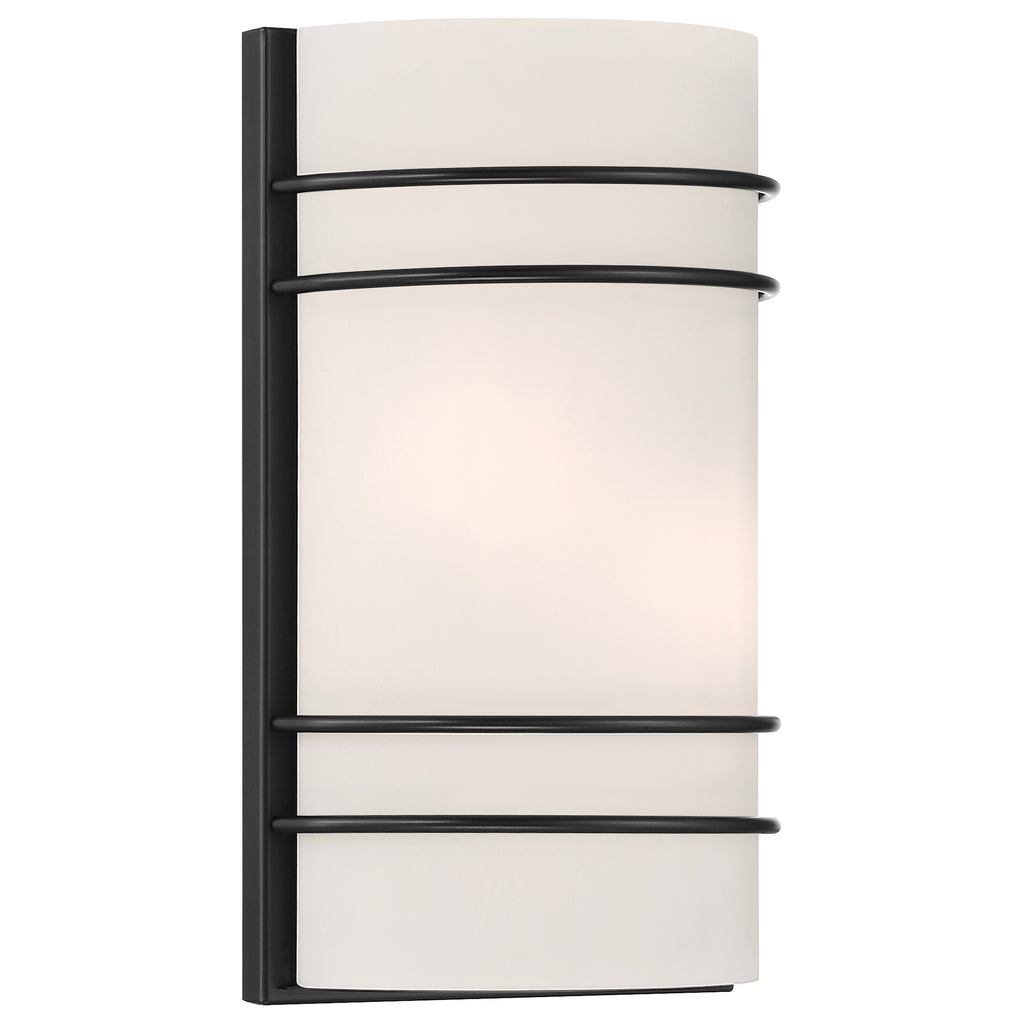 The Cassi 2 Light Wall Sconce by Access Lighting features a white, curved glass shade accented by three horizontal matte black metal bars on the front.