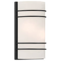 The Cassi 2 Light Wall Sconce by Access Lighting features a white, curved glass shade accented by three horizontal matte black metal bars on the front.