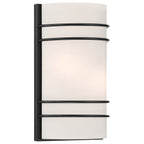 The Cassi 2 Light Wall Sconce by Access Lighting features a white, curved glass shade accented by three horizontal matte black metal bars on the front.