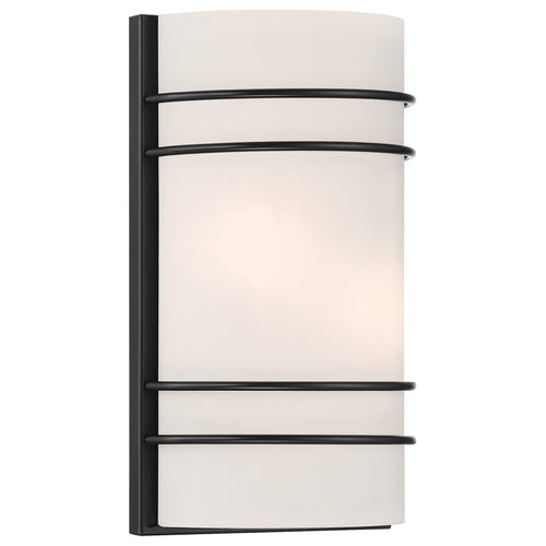 The Cassi 2 Light Wall Sconce by Access Lighting features a white, curved glass shade accented by three horizontal matte black metal bars on the front.