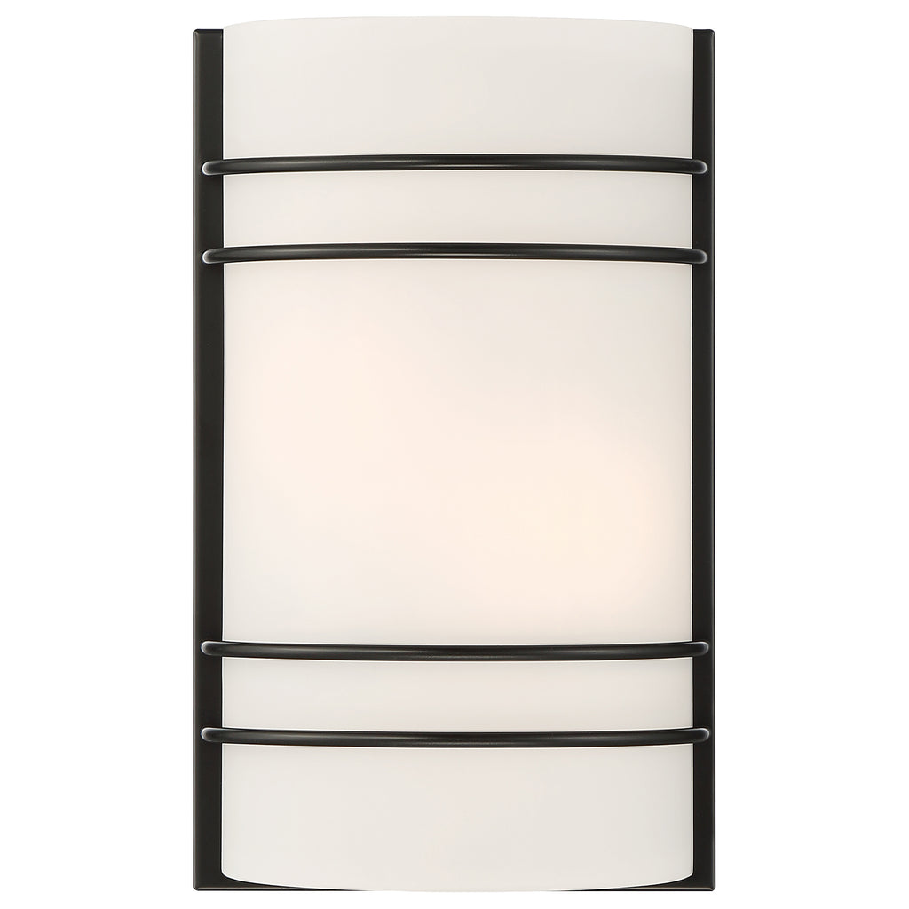 The Cassi 2 Light Wall Sconce by Access Lighting features a modern, minimalist design with a matte black finish and frosted white rectangular shade framed by sleek black metal bars.