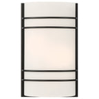 The Cassi 2 Light Wall Sconce by Access Lighting features a modern, minimalist design with a matte black finish and frosted white rectangular shade framed by sleek black metal bars.