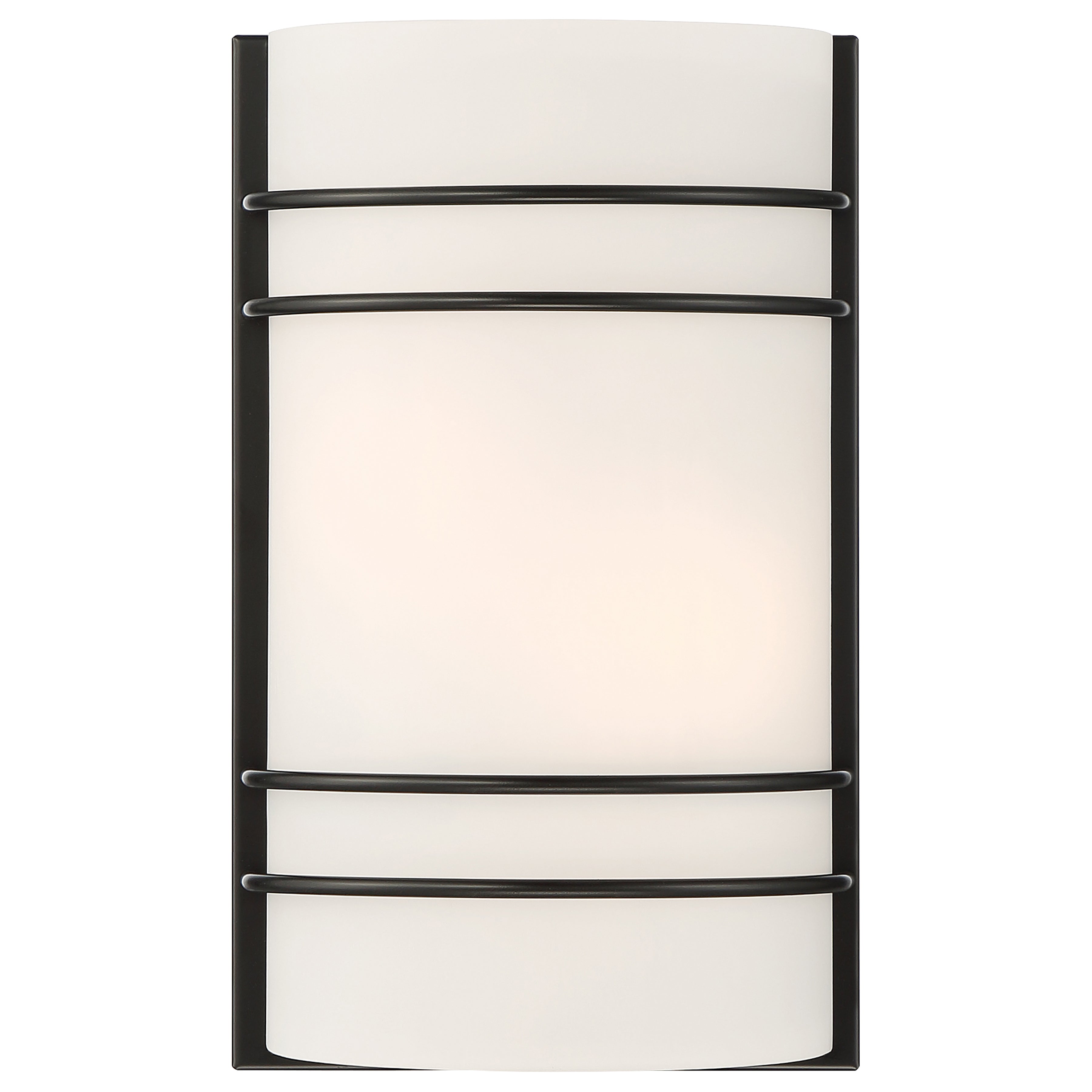 The Cassi 2 Light Wall Sconce by Access Lighting features a modern, minimalist design with a matte black finish and frosted white rectangular shade framed by sleek black metal bars.