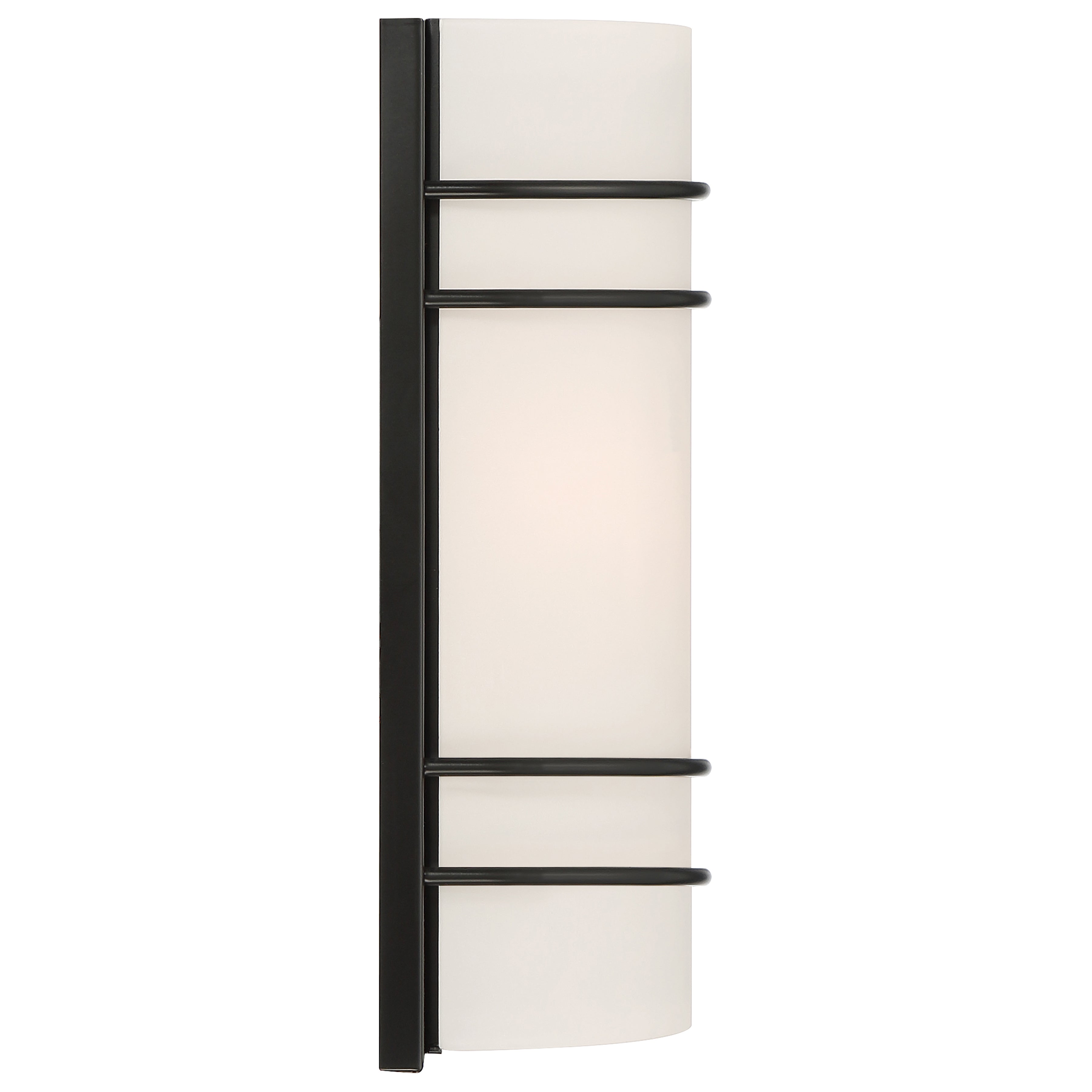 The Access Lighting Cassi 2 Light Wall Sconce features a frosted white cylindrical shade, elegantly framed both vertically and horizontally by matte black metal bars.