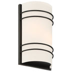 The Cassi 2 Light Wall Sconce from Access Lighting features a modern, wall-mounted design with a white frosted shade and matte black metal bands wrapping around its curved surface.