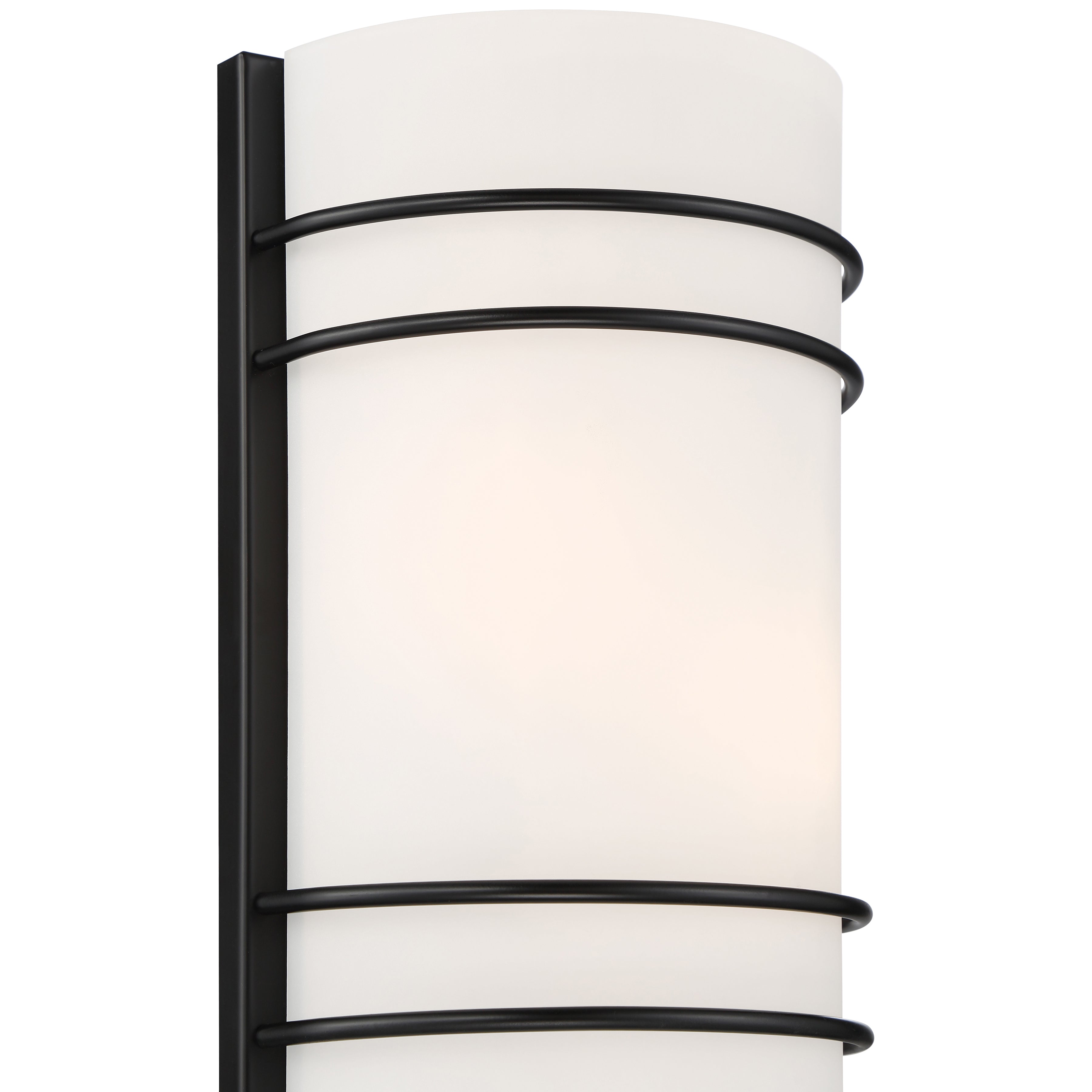 The Cassi 2 Light Wall Sconce by Access Lighting features a frosted white cylindrical shade accented with three horizontal matte black metal bands.