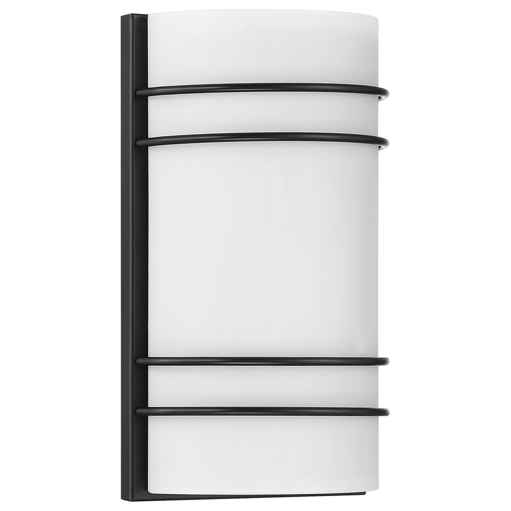 Cassi 2 Light Wall Sconce by Access Lighting features a rectangular matte black frame with a frosted white glass shade and three horizontal black metal bars.