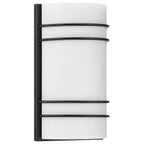 Cassi 2 Light Wall Sconce by Access Lighting features a rectangular matte black frame with a frosted white glass shade and three horizontal black metal bars.