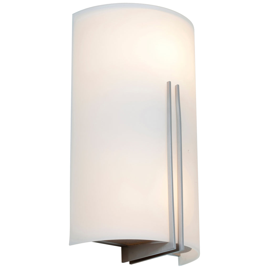 The Prong 2 Light Wall Sconce by Access Lighting features a modern design with a curved frosted glass shade, a simple metal accent, and is mounted on a rectangular base.
