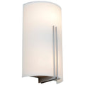 The Prong 2 Light Wall Sconce by Access Lighting features a modern design with a curved frosted glass shade, a simple metal accent, and is mounted on a rectangular base.