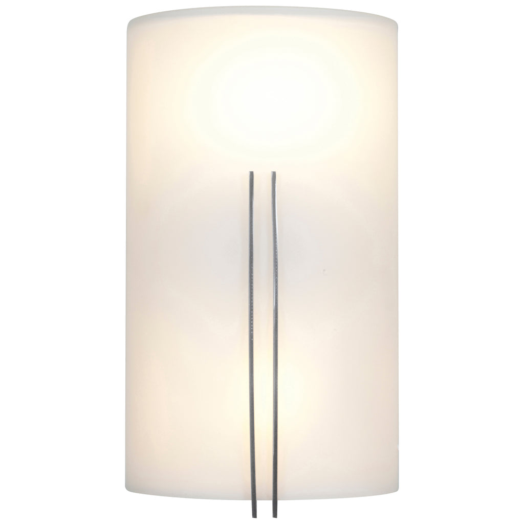 The Prong 2 Light Wall Sconce by Access Lighting features a frosted white glass shade accented by two slender vertical metal prongs at the center, creating a contemporary look illuminated from within.