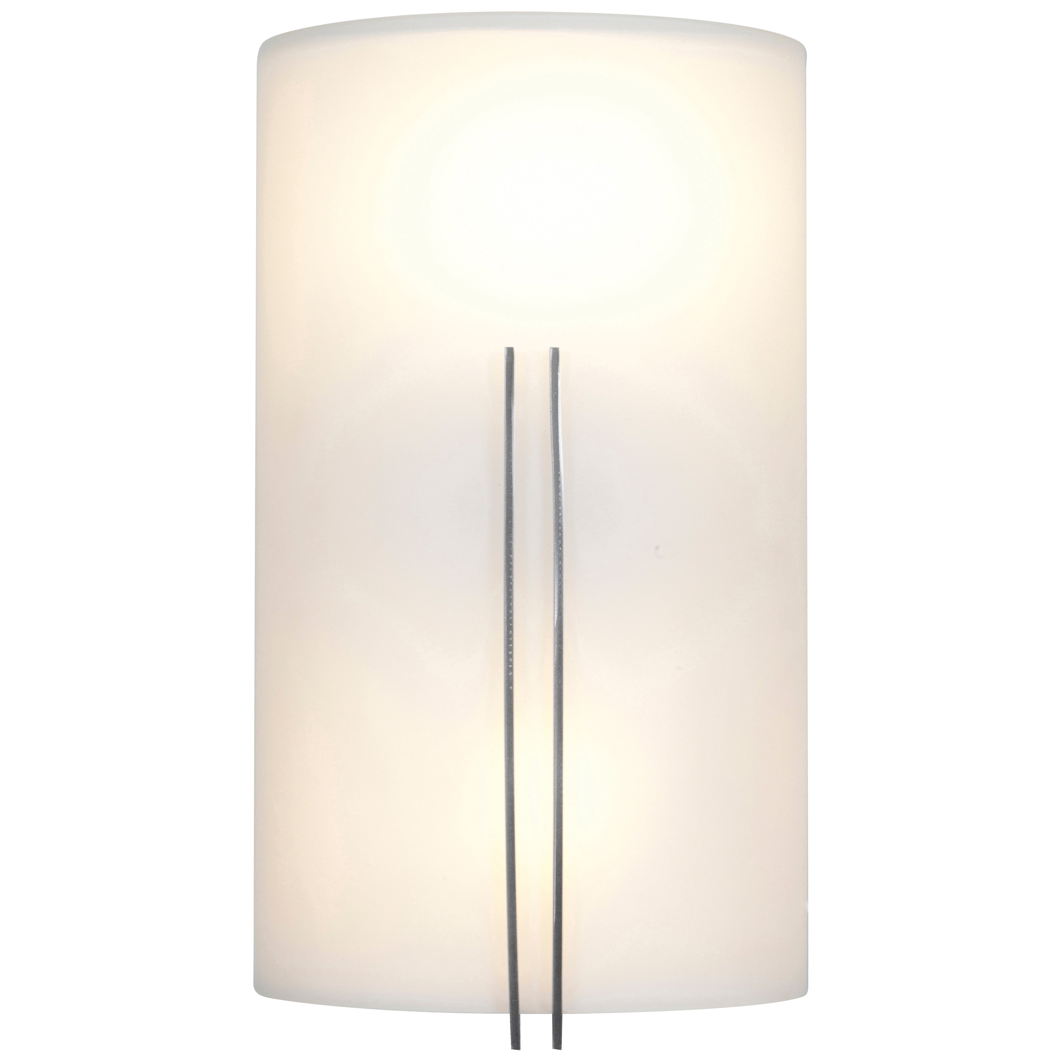 The Prong 2 Light Wall Sconce by Access Lighting features a frosted white glass shade accented by two slender vertical metal prongs at the center, creating a contemporary look illuminated from within.