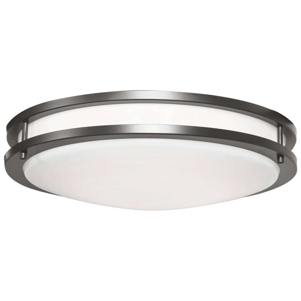 The Solero II LED Flush Mount by Access Lighting features a round, flush-mount design with a bronze frame and a white frosted glass diffuser, shown from below against a white background. This fixture measures 14″ in diameter and has a 3000K color temperature.