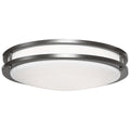 The Solero II LED Flush Mount by Access Lighting features a round, flush-mount design with a bronze frame and a white frosted glass diffuser, shown from below against a white background. This fixture measures 14″ in diameter and has a 3000K color temperature.