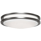 The Solero II LED Flush Mount by Access Lighting features a round, flush-mount design with a bronze frame and a white frosted glass diffuser, shown from below against a white background. This fixture measures 14″ in diameter and has a 3000K color temperature.