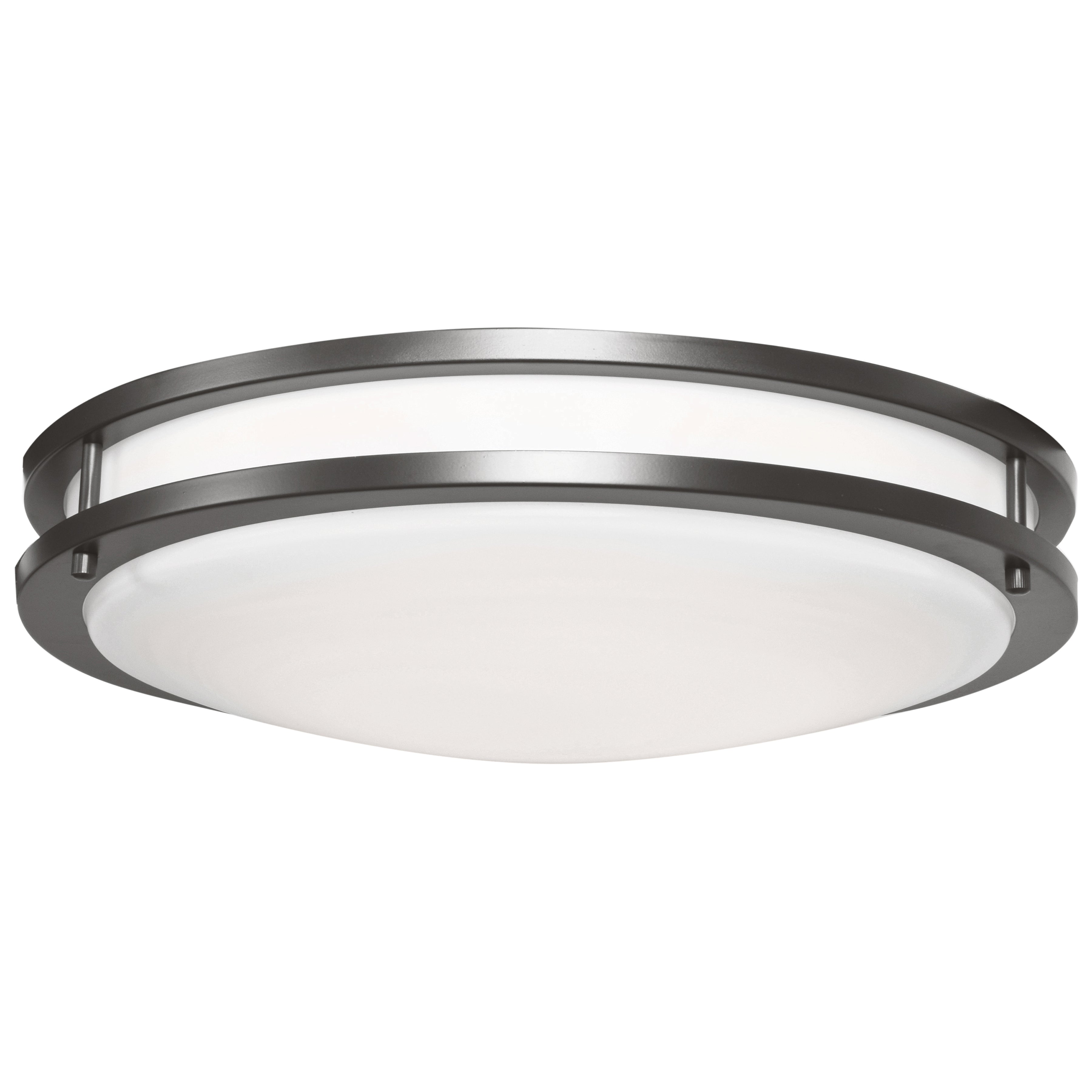 The Solero II LED Flush Mount by Access Lighting features a round, flush-mount design with a bronze frame and a white frosted glass diffuser, shown from below against a white background. This fixture measures 14″ in diameter and has a 3000K color temperature.