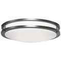 The Solero II LED Flush Mount by Access Lighting features a bronze frame and frosted glass cover, shown from below against a white background. This 18.5″ fixture emits a warm 3000K glow.