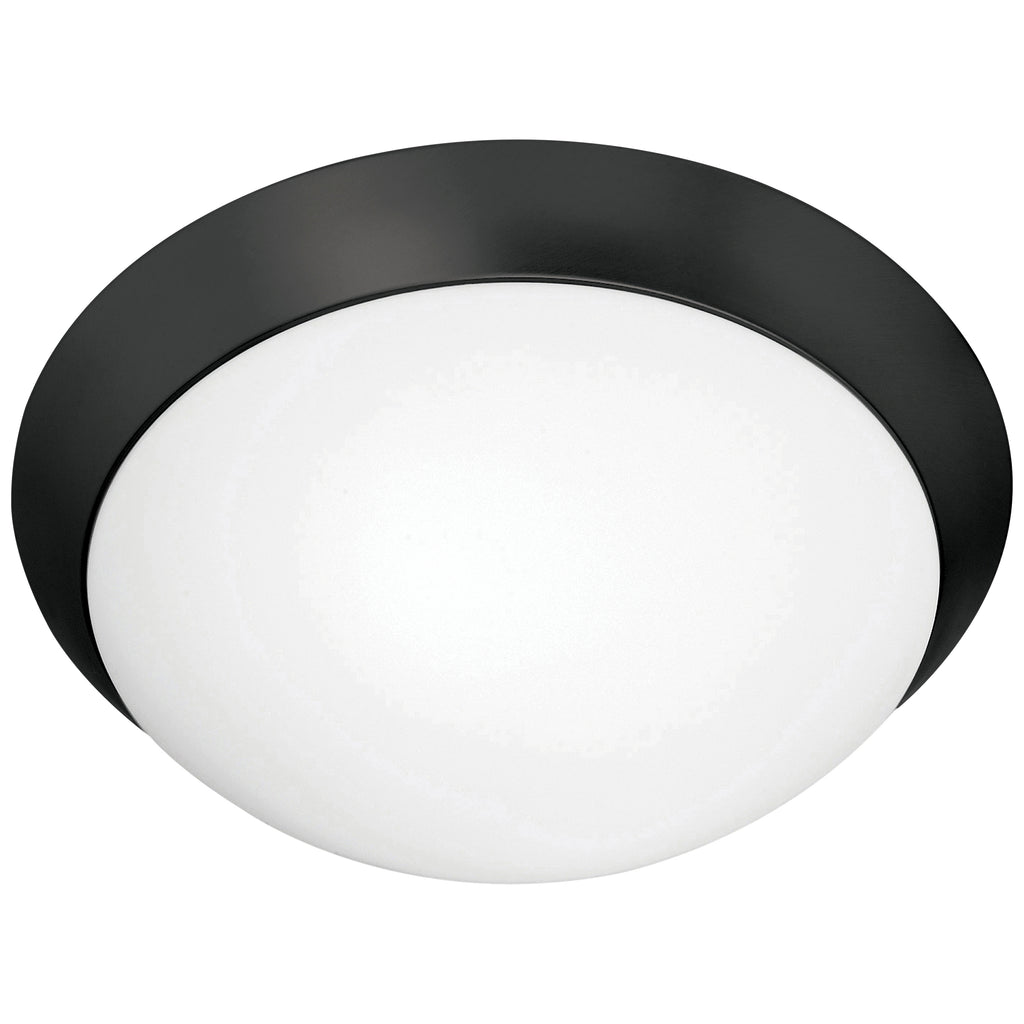 The Cobalt Flush Mount by Access Lighting features a round, matte black rim and a white frosted glass diffuser, measuring 11.25 inches, shown against a white background.