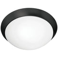 The Cobalt Flush Mount by Access Lighting features a round, matte black rim and a white frosted glass diffuser, measuring 11.25 inches, shown against a white background.