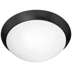 The Cobalt Flush Mount by Access Lighting features a round, matte black rim and a white frosted glass diffuser, measuring 11.25 inches, shown against a white background.