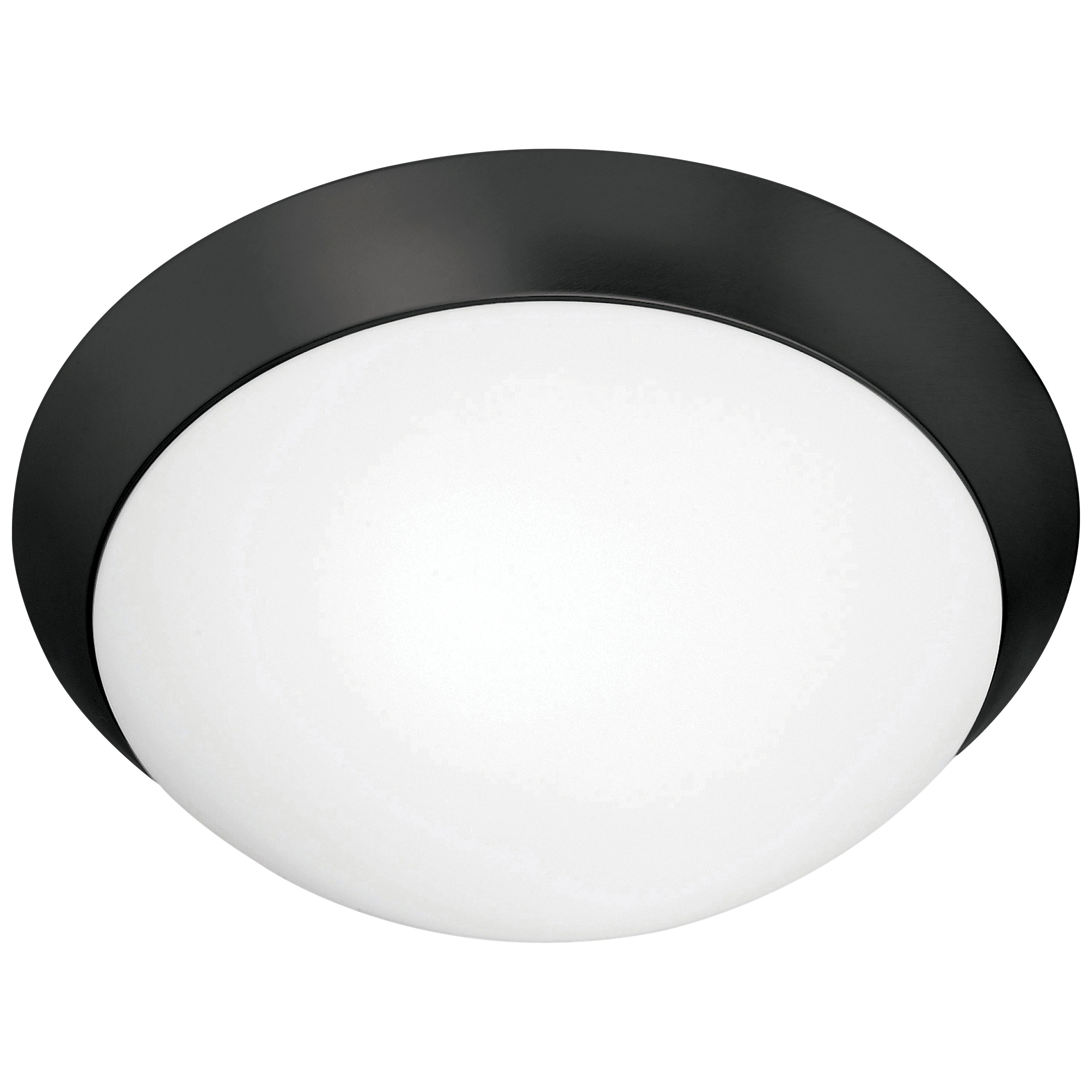 The Cobalt Flush Mount by Access Lighting features a round, matte black rim and a white frosted glass diffuser, measuring 11.25 inches, shown against a white background.