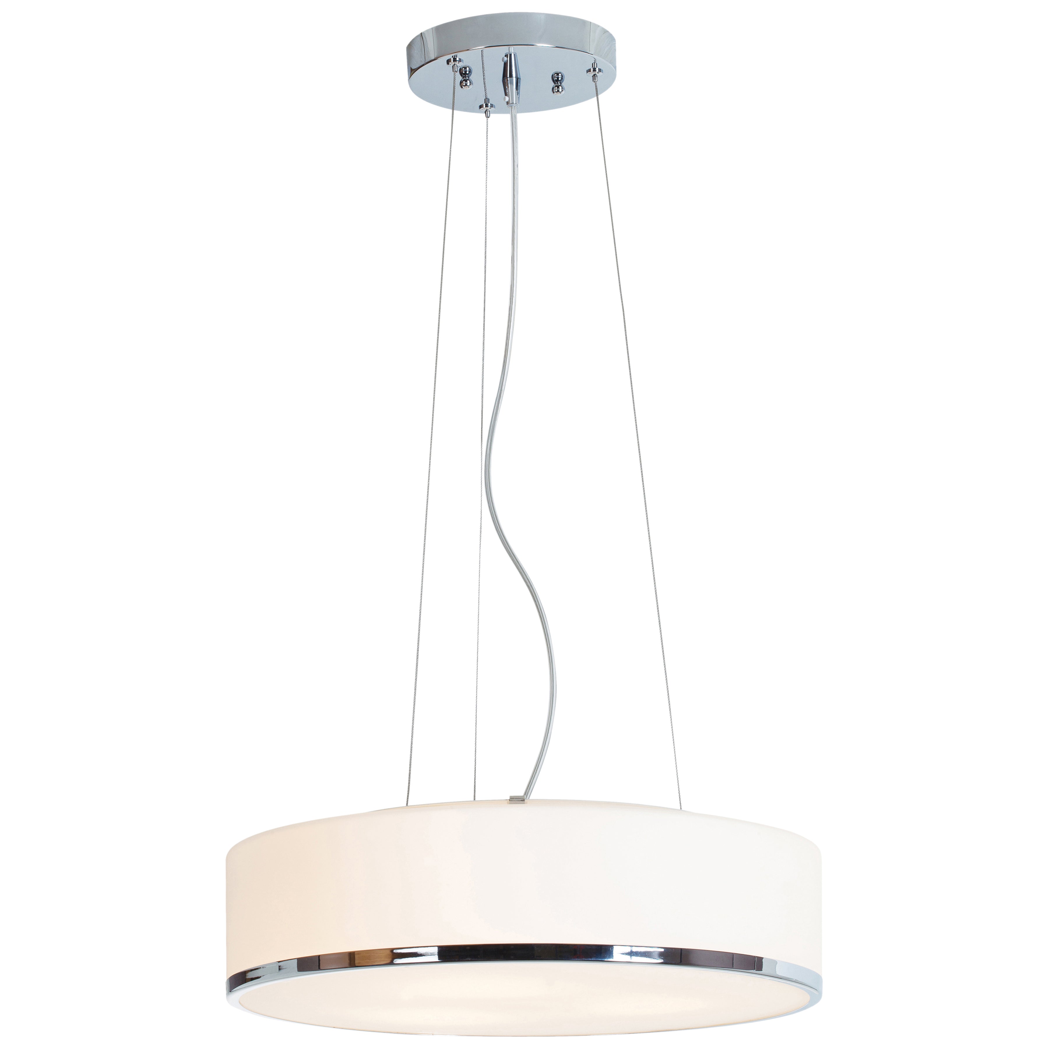 The Aero Pendant by Access Lighting features a modern circular white shade with chrome trim, suspended by three wires from a round ceiling mount.