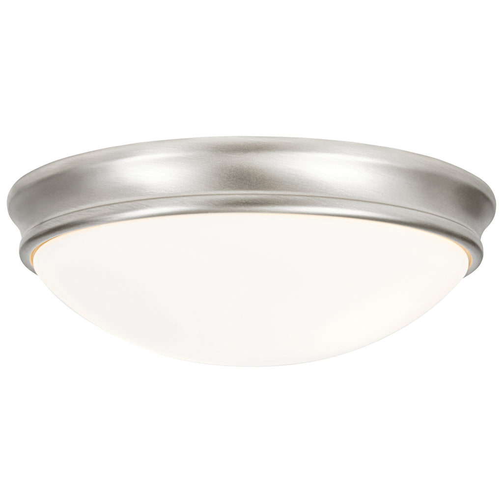 The Atom Flush Mount by Access Lighting features a 12.5-inch round design with a brushed steel frame and a frosted glass dome cover.