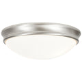 The Atom Flush Mount by Access Lighting features a 12.5-inch round design with a brushed steel frame and a frosted glass dome cover.