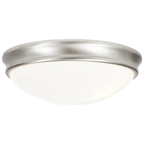 The Atom Flush Mount by Access Lighting features a 12.5-inch round design with a brushed steel frame and a frosted glass dome cover.