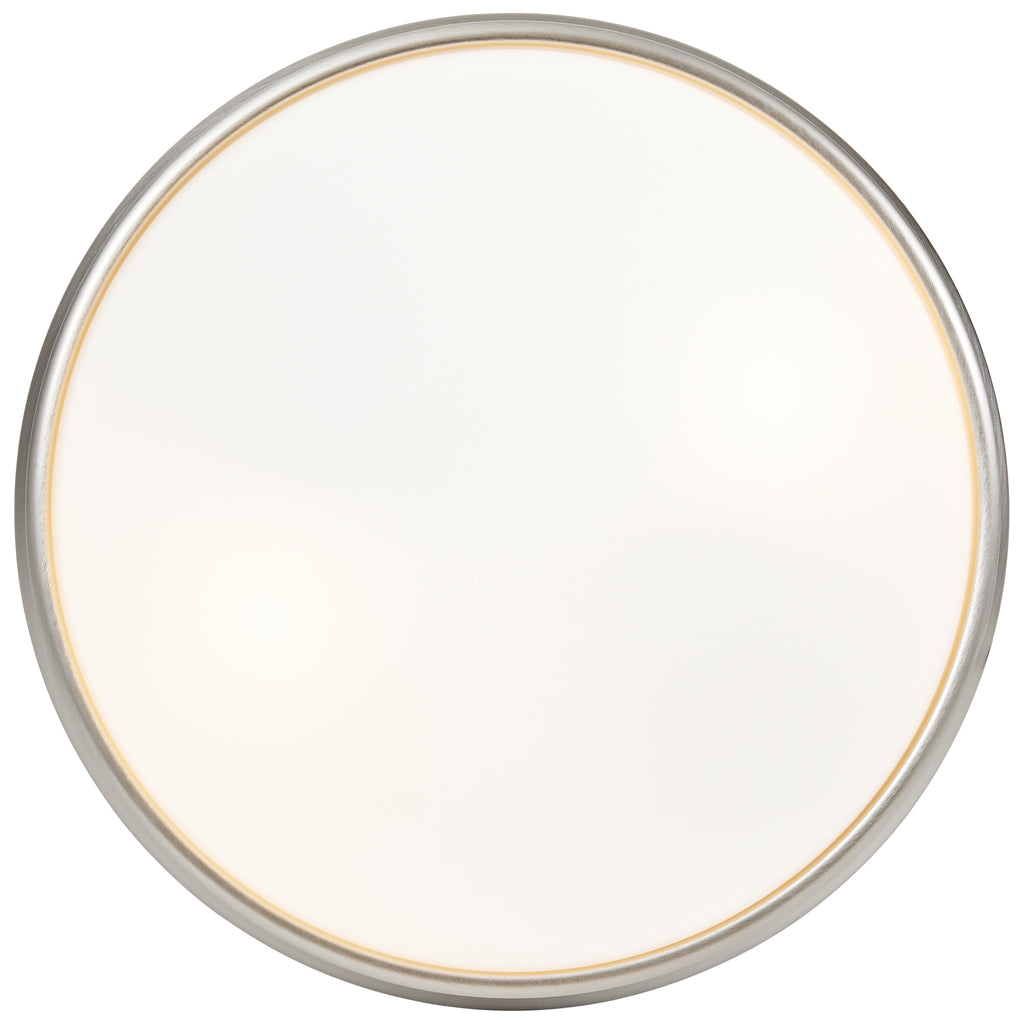 A sleek, round white surface with a slim brushed steel border, the Atom Flush Mount by Access Lighting (12.5″) offers a modern ceiling light design when viewed from above.
