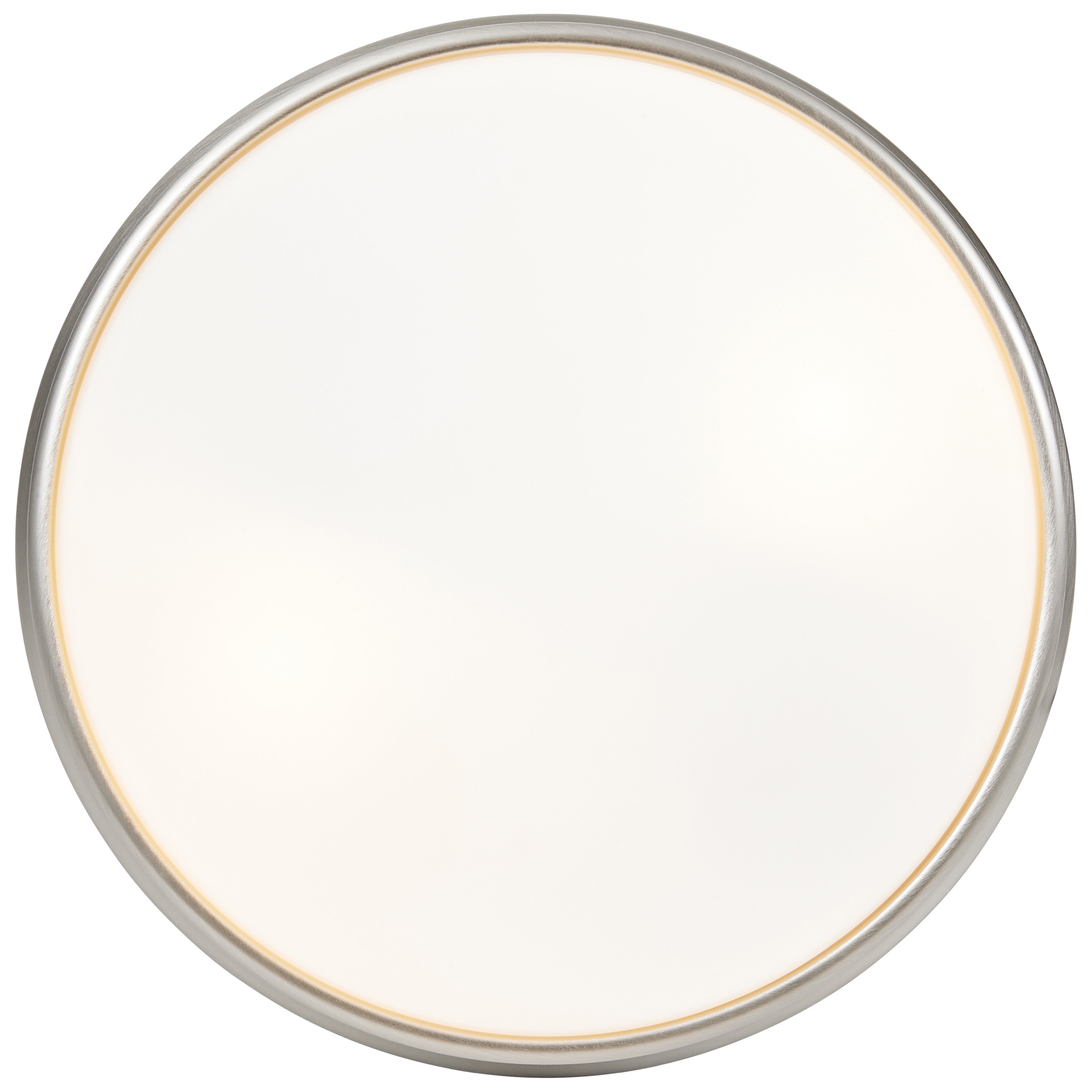A sleek, round white surface with a slim brushed steel border, the Atom Flush Mount by Access Lighting (12.5″) offers a modern ceiling light design when viewed from above.