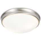A round Atom Flush Mount ceiling light by Access Lighting, featuring a brushed steel finish and a white frosted glass cover, is viewed from below against a plain white background.