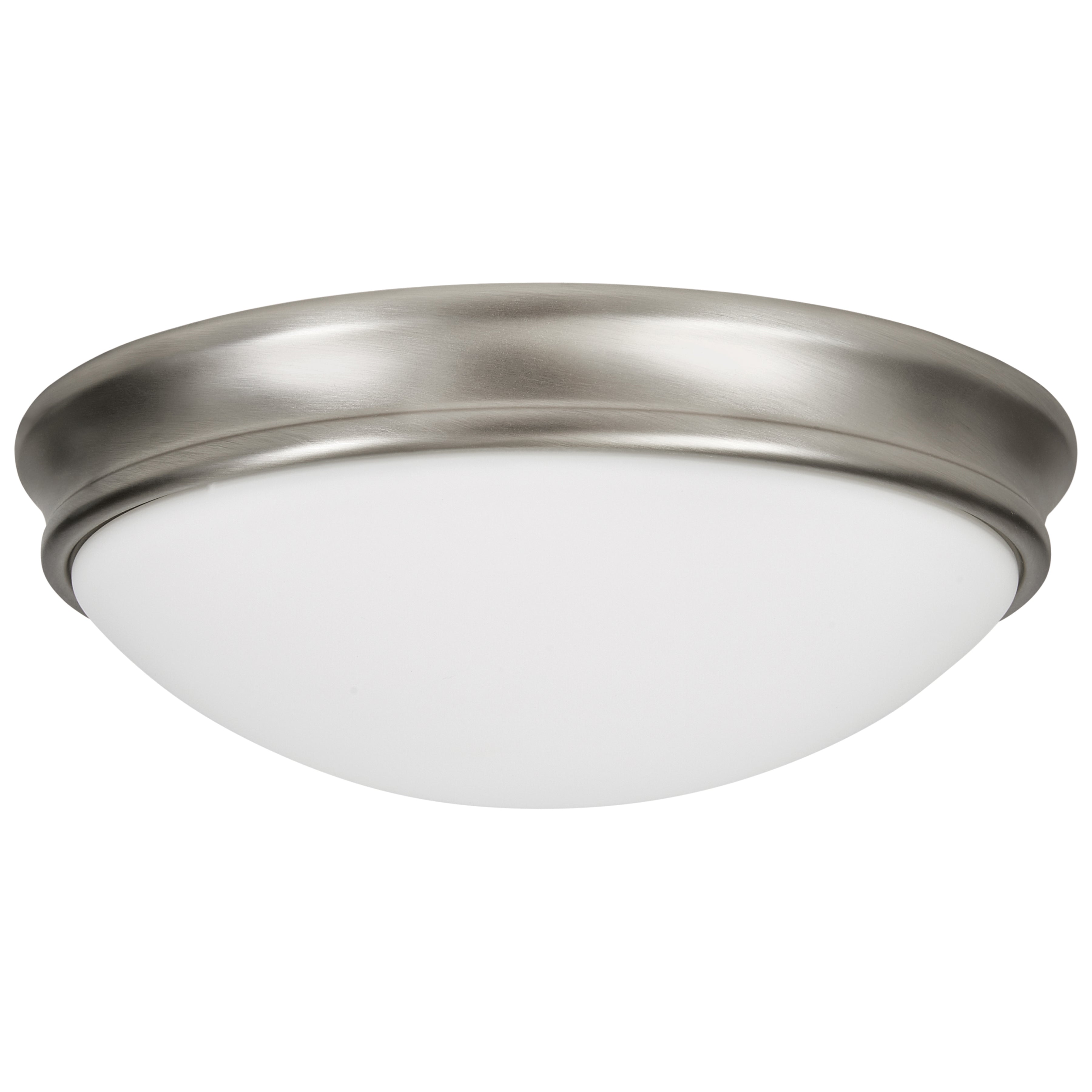 A round, 12.5-inch Atom Flush Mount ceiling light fixture by Access Lighting, featuring a brushed steel finish and a frosted white glass cover.