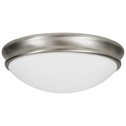 A round, 12.5-inch Atom Flush Mount ceiling light fixture by Access Lighting, featuring a brushed steel finish and a frosted white glass cover.