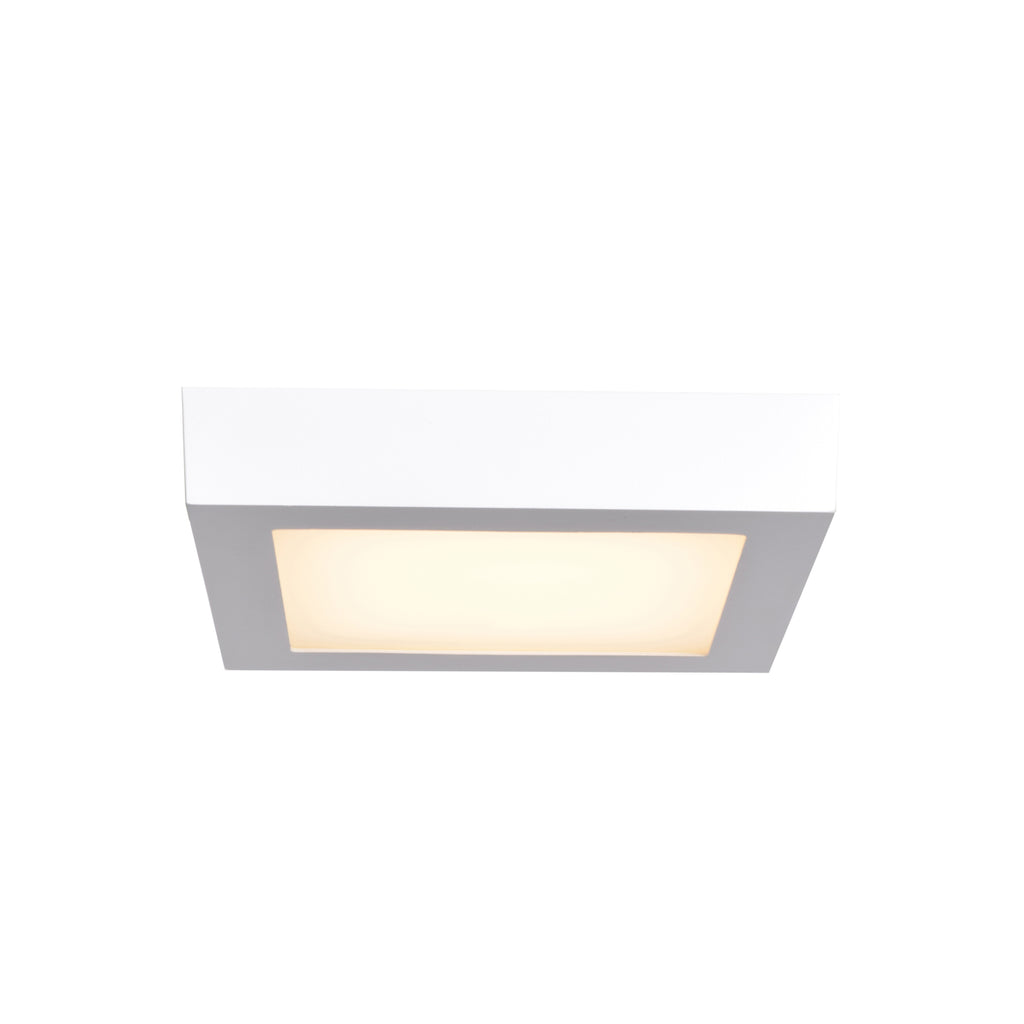 Strike 2.0 SQ LED Flush Mount by Access Lighting, featuring a square white design with a frosted center panel, illuminated against a white background.