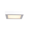 Strike 2.0 SQ LED Flush Mount by Access Lighting, featuring a square white design with a frosted center panel, illuminated against a white background.